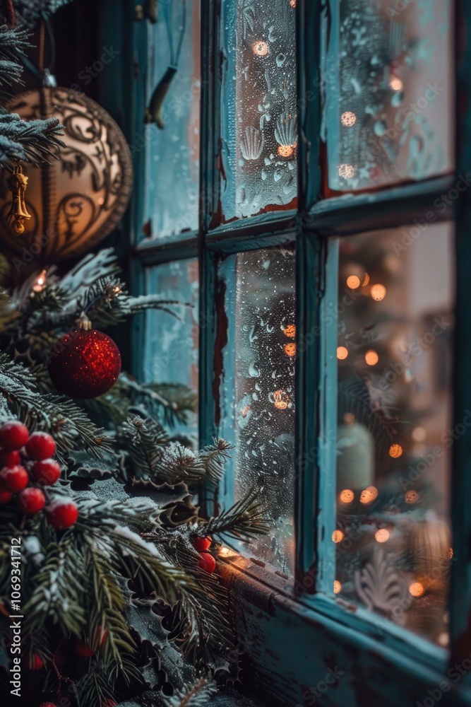 A window decorated with Christmas lights and decorations during the holiday season A window decorated with Christmas lights and decorations during the holiday season