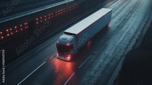 Aerial view of autonomous truck driving on autopilot on a highway

 photo