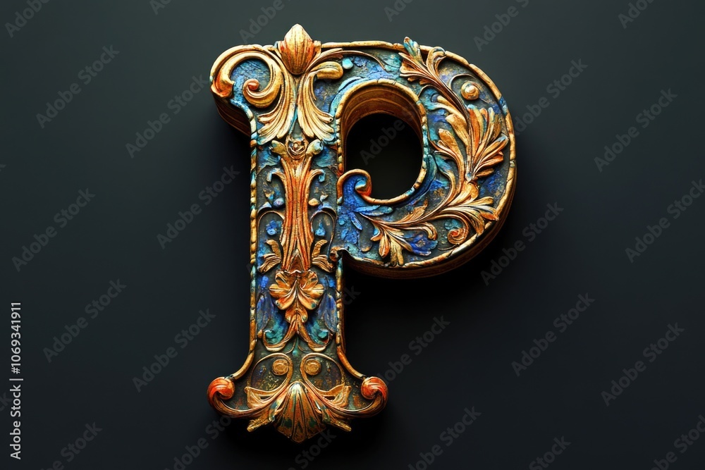 Fototapeta premium A single decorative letter P on a black background