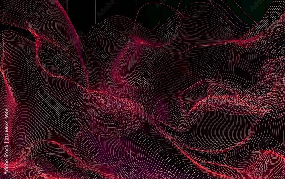 An abstract design featuring flowing red and pink lines creating a dynamic wave pattern, set against a dark background, evoking a sense of movement and energy. An abstract design featuring flowing red and pink lines creating a dynamic wave pattern, set against a dark background, evoking a sense of movement and energy.