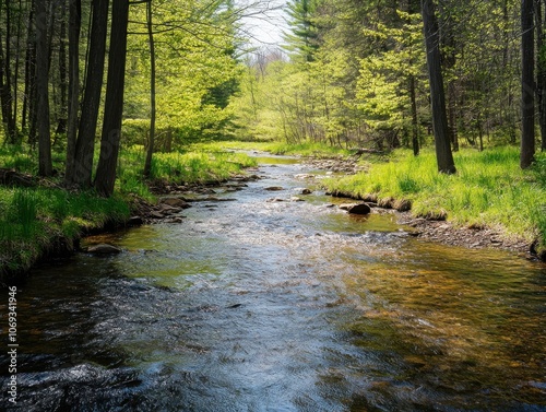 A tranquil forest stream flows through a lush green forest, sunlight filtering through the trees.