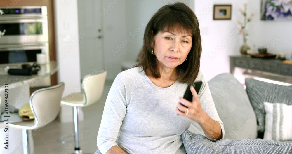 Happy woman enjoying talking on smartphone relaxing sitting on home sofa.