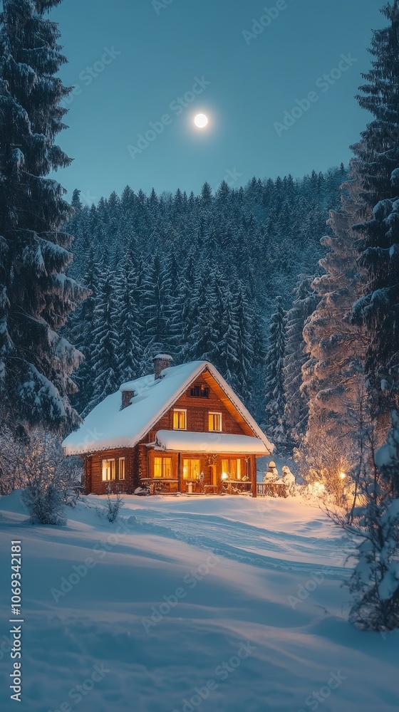 Naklejka premium Cozy cabin under the starry night sky in a winter forest