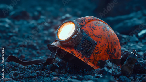 Close-up of a miner's helmet with an attached headlamp, showcasing the rugged details and functionality of the gear used for underground exploration. The light glows faintly, ready for work. photo