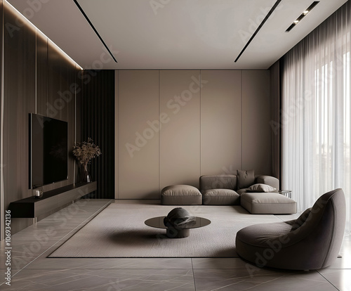 Aesthetic elegant minimalist modern interior design. Clear mock up empty wall for decoration in the apartment. Copy space in the room. Neutral palette of natural colors.