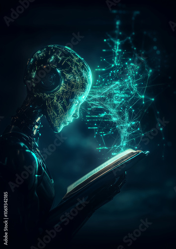 Ein Roboter liest ein Buch, Sinnbild für maschinelles Lernen, dunkelgrüner Hintergrund, Hochformat