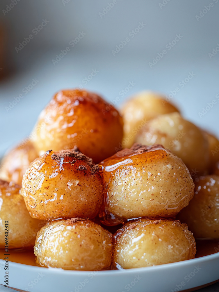 Honey balls glazed in syrup on a plate. Honey balls glazed in syrup on a plate.