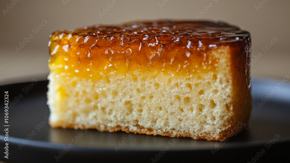 A slice of caramelized honey cake on a black plate. A slice of caramelized honey cake on a black plate.