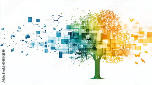 Ein digitaler Baum in Blau von Orange vor weißem Hintergrund, der sich seitlich zu Quadraten wandelt, Querformat