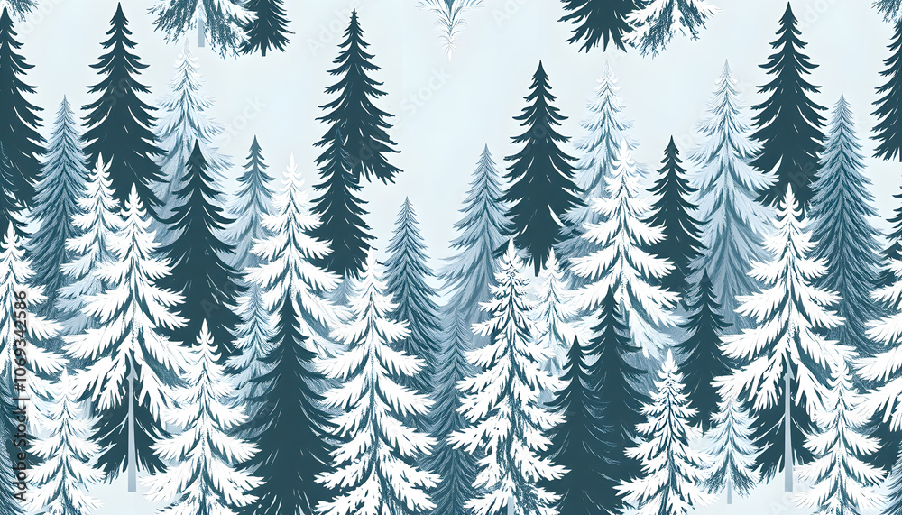 Seamless pattern with winter spruce forest drawn in monochrome colour. Surface design for wintery holiday and children collection Seamless pattern with winter spruce forest drawn in monochrome colour. Surface design for wintery holiday and children collection