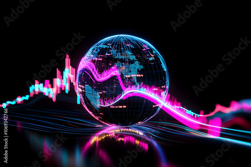 A mesmerizing 3D wireframe globe surrounded by neon light streaks and data points, symbolizing global market trends, set against a sleek black background.
