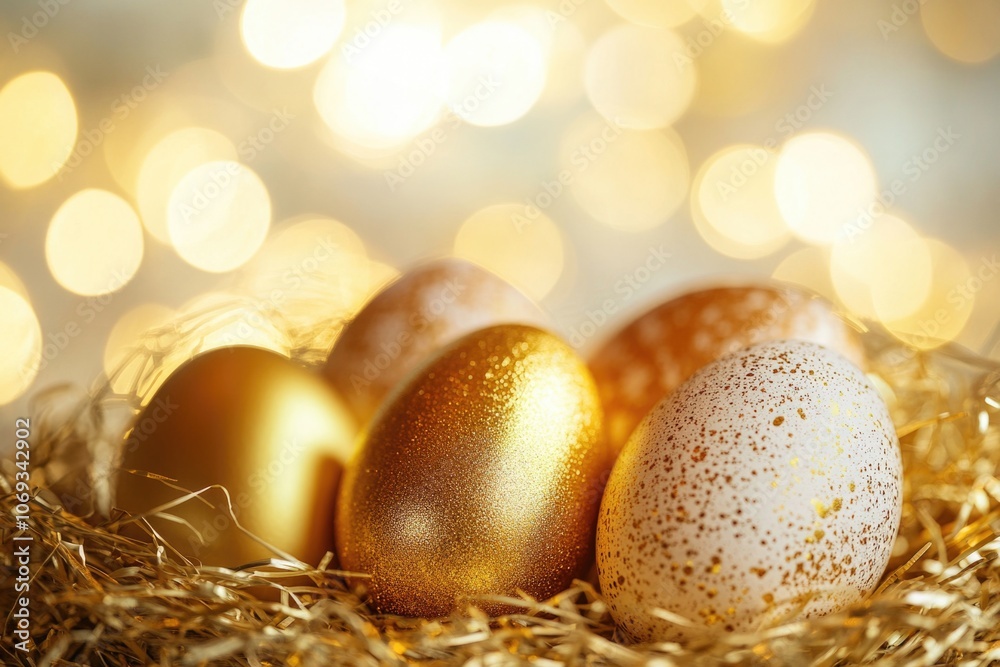 Three golden and white eggs in a peaceful natural setting, perfect for illustrations or designs about family, nature, or simplicity Three golden and white eggs in a peaceful natural setting, perfect for illustrations or designs about family, nature, or simplicity
