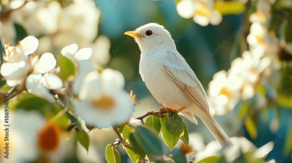 A small white bird sits atop a tree branch, surrounded by leaves and branches A small white bird sits atop a tree branch, surrounded by leaves and branches