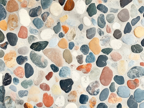 A close-up shot of a colorful pebble mosaic embedded in concrete.