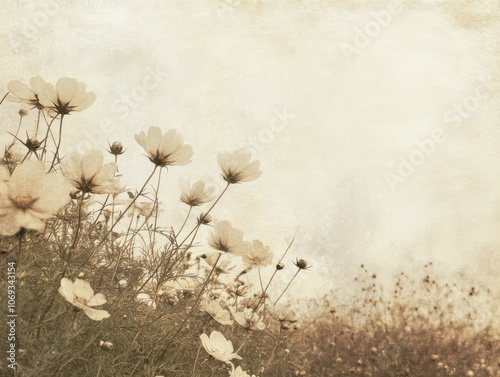 Delicate white cosmos flowers bloom in a field, creating a soft and vintage aesthetic. The image evokes a sense of tranquility and natural beauty.