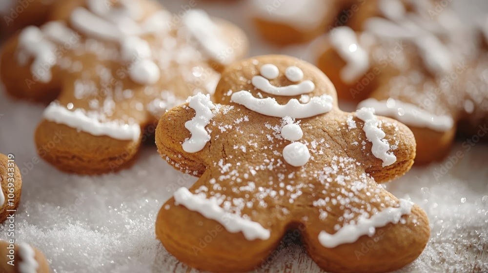 Gingerbread cookies decorated with icing and sprinkles on a festive table Gingerbread cookies decorated with icing and sprinkles on a festive table