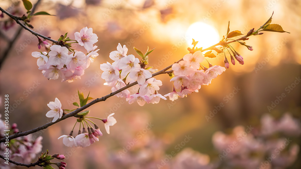 Cherry blossoms at sunrise with golden morning light