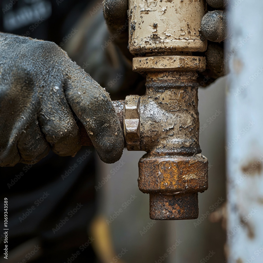 Close-up of a worker's hand tightening a rusty pipe fitting in industrial setting. Close-up of a worker's hand tightening a rusty pipe fitting in industrial setting.
