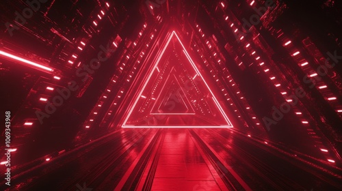 A red, futuristic background with glowing neon tubes. The tubes create a space-like effect against the black background.  A triangle-shaped tunnel is illuminated with LED lights.  This is a 3D design. photo