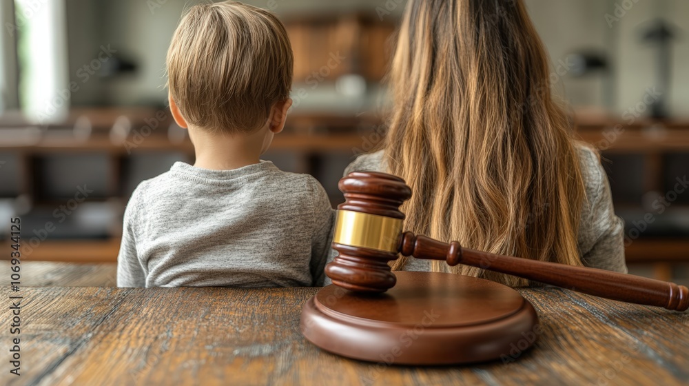 Obraz Photo of family law court, wooden gavel on table in foreground with parents and child sitting behind desk