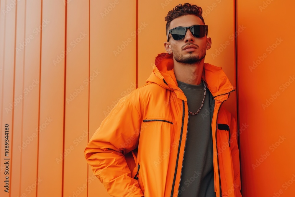 A person wearing an orange jacket leans against a bright orange wall, possibly for a photo shoot or as part of a creative project A person wearing an orange jacket leans against a bright orange wall, possibly for a photo shoot or as part of a creative project