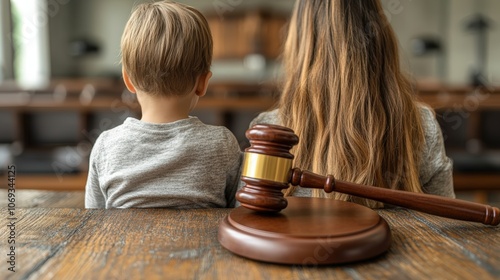Photo of family law court, wooden gavel on table in foreground with parents and child sitting behind desk