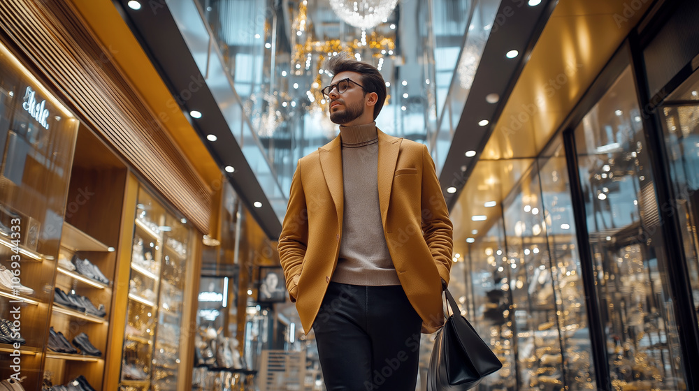 Fashionable man in upscale shopping center, mustard blazer, black bag, glass displays, modern lighting, bokeh background Fashionable man in upscale shopping center, mustard blazer, black bag, glass displays, modern lighting, bokeh background