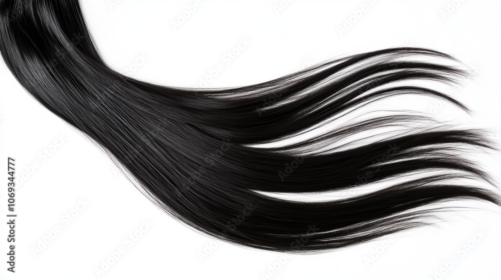 Realistic black wig with bangs long with straight strands isolated on white