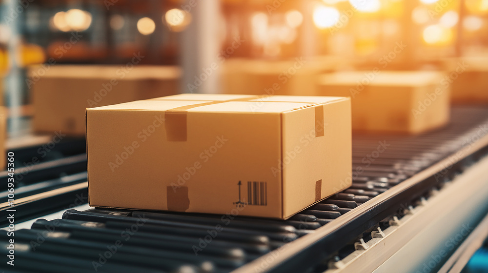 Cardboard Box Moving on Conveyor Belt in Warehouse or Factory Cardboard Box Moving on Conveyor Belt in Warehouse or Factory