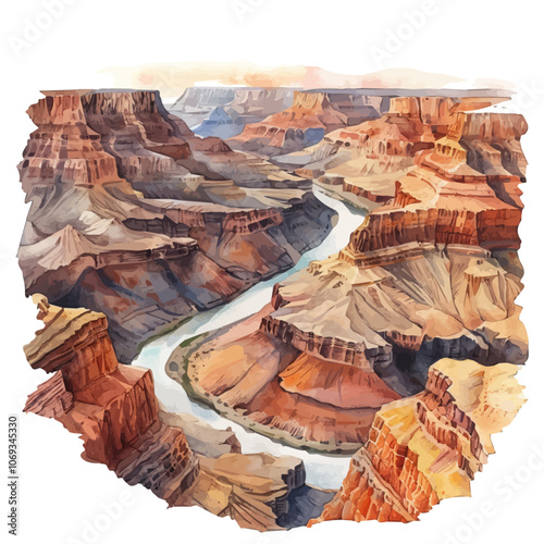 A watercolor drawing of a Canyon, isolated on a white background.