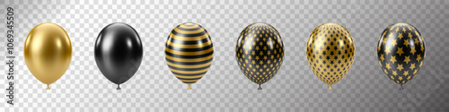 Black Gold balloons set. Luxury realistic balloons. 3D glossy dotted pattern