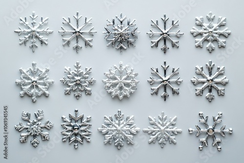 A close-up shot of a collection of snowflakes on a white surface