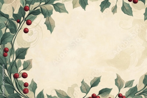 Christmas card with Art Nouveau patterns, flowing fonts, and stylized mistletoe, minimal beige background with copy space photo