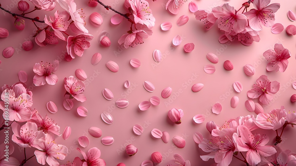 Pink background with scattered flower petals. Minimalist floral design for romantic concepts, banners, or templates with copy space for text