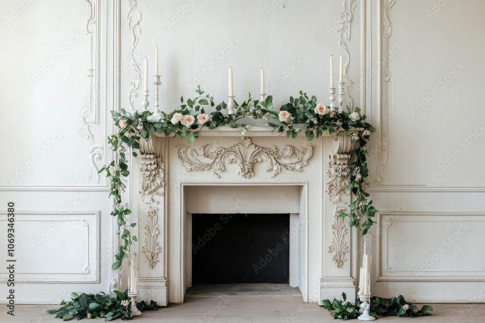 Fototapeta premium Christmas festive decoration of Art Nouveau fireplace with curving mantels, floral garlands, and delicate candle holders in living room chic beige interior
