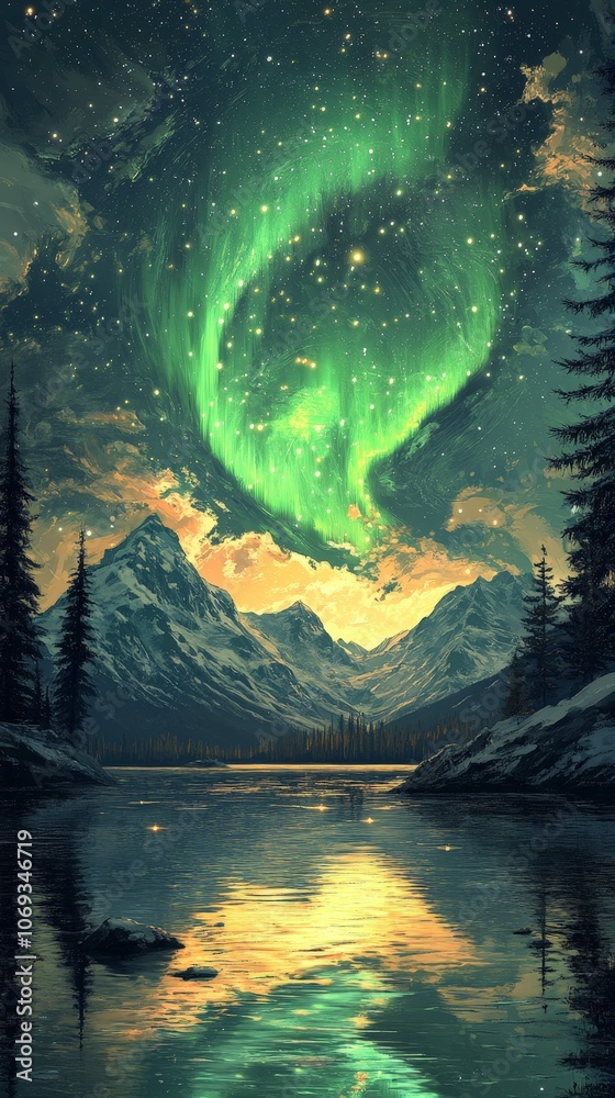 Northern Lights glowing above snow-covered mountains and beach landscape Northern Lights glowing above snow-covered mountains and beach landscape