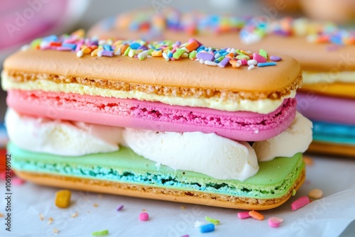 A fun ice cream sandwich made with colorful macarons