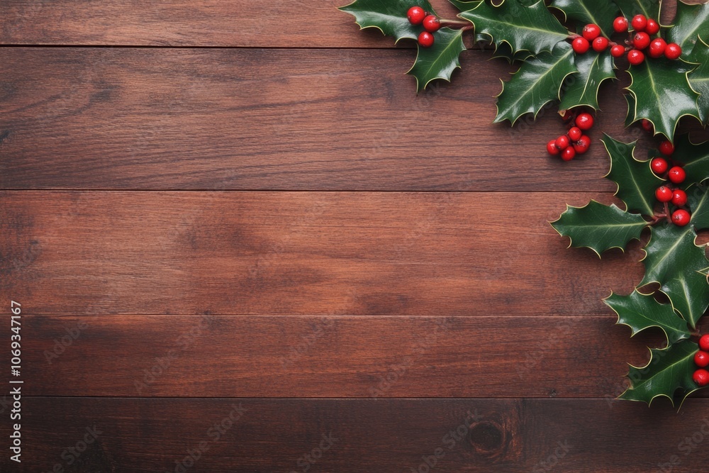 Festive Christmas background featuring red and green holly leaves with dark wooden texture for holiday celebrations Festive Christmas background featuring red and green holly leaves with dark wooden texture for holiday celebrations