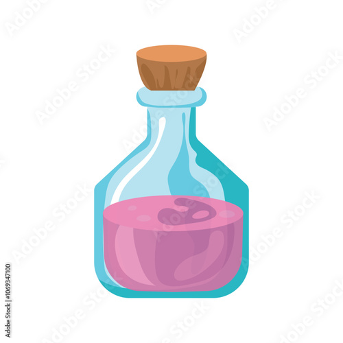 Magic potion in bottle in flat design. Fantasy magician weapon, elixir in flask. Vector illustration isolated.