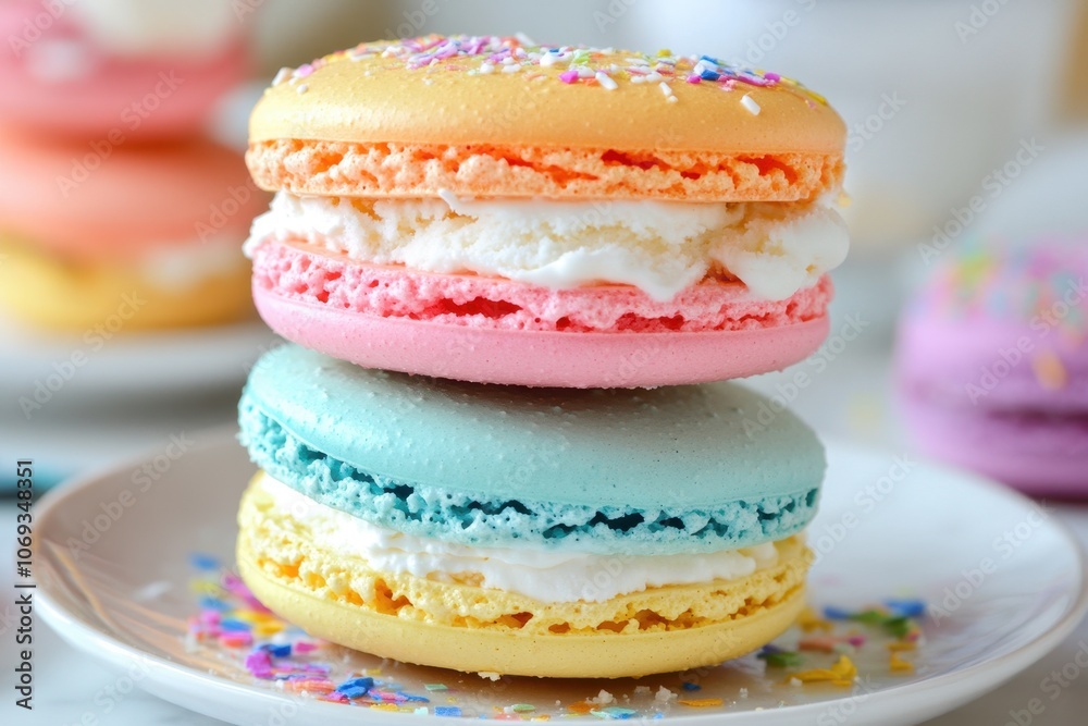 A fun ice cream sandwich made with colorful macarons A fun ice cream sandwich made with colorful macarons