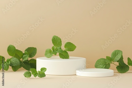 A set of podiums in white color against beige background with few fish mint leaves. Fish mint (Houttuynia cordata) with generative ai photo