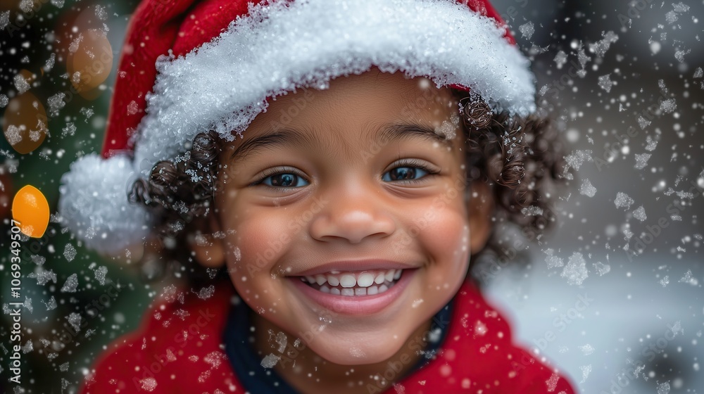 A cute little African boy in a white and red Santa hat smiles and poses in front of snowy fields, creating a joyful atmosphere for the New Year or Christmas celebration. A cute little African boy in a white and red Santa hat smiles and poses in front of snowy fields, creating a joyful atmosphere for the New Year or Christmas celebration.