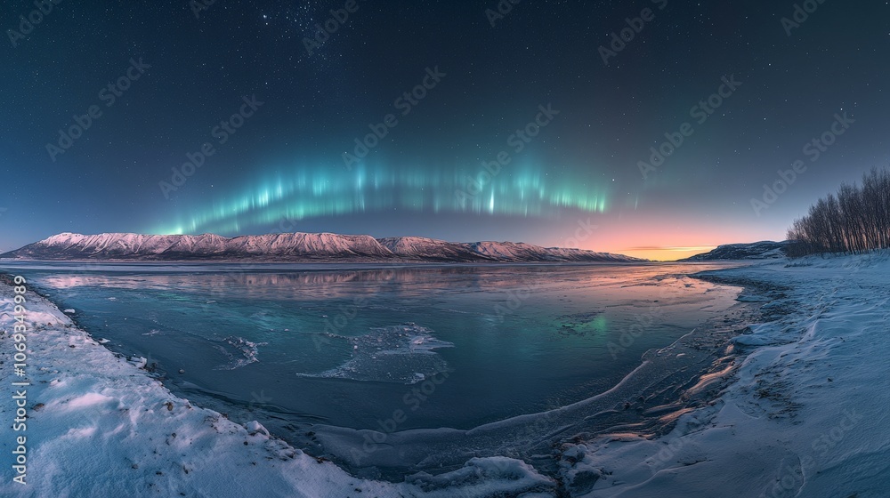 Naklejka premium Northern Lights glowing above snow-covered mountains and beach landscape