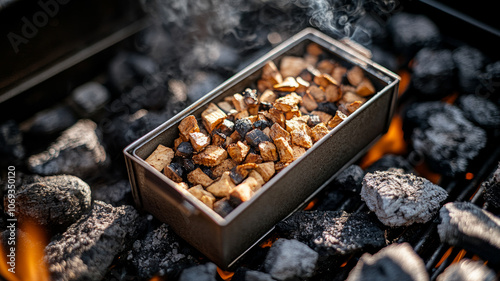 Smoking box with wood chips on a grill photo