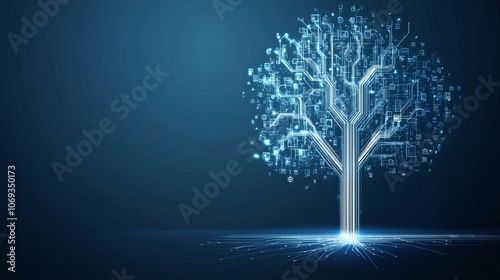 Technology tree icon on a blue background showcasing digital growth and tech innovation concepts