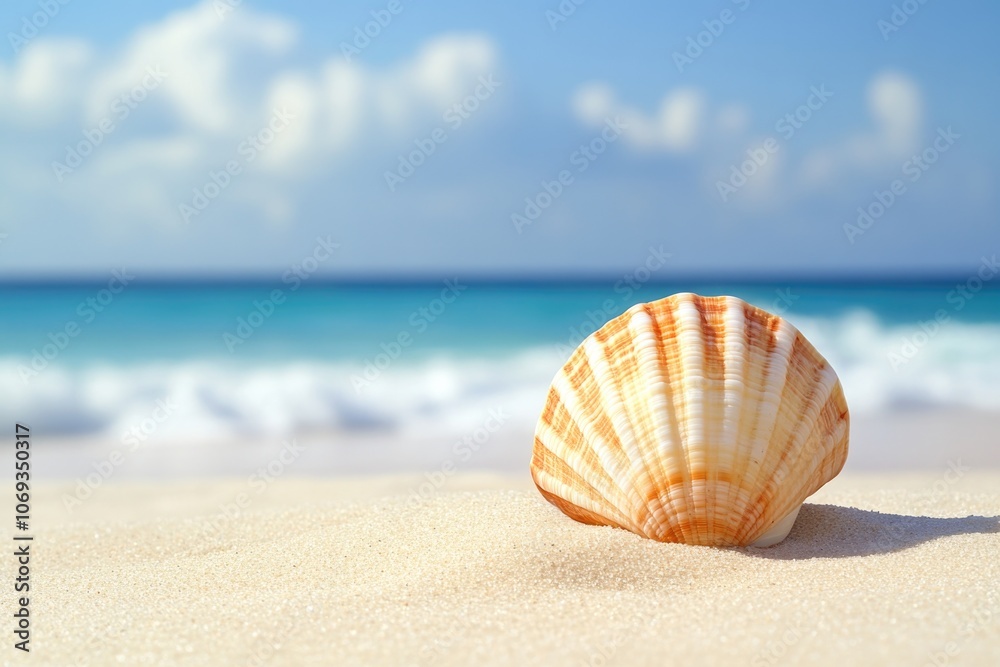 A single shell found on a sandy beach with the ocean in the background, perfect for travel or summer themed projects A single shell found on a sandy beach with the ocean in the background, perfect for travel or summer themed projects