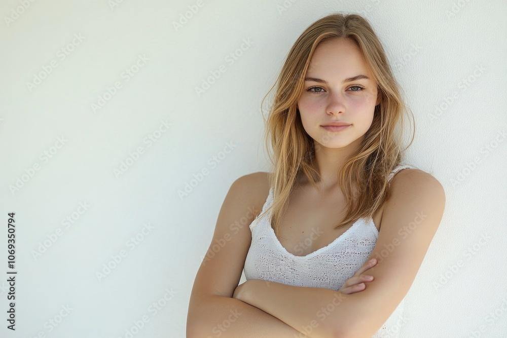 A young woman standing with her arms crossed, looking confident and assertive A young woman standing with her arms crossed, looking confident and assertive