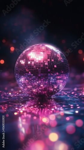 A sparkling disco ball reflects vibrant lights in a whimsical dance environment at night