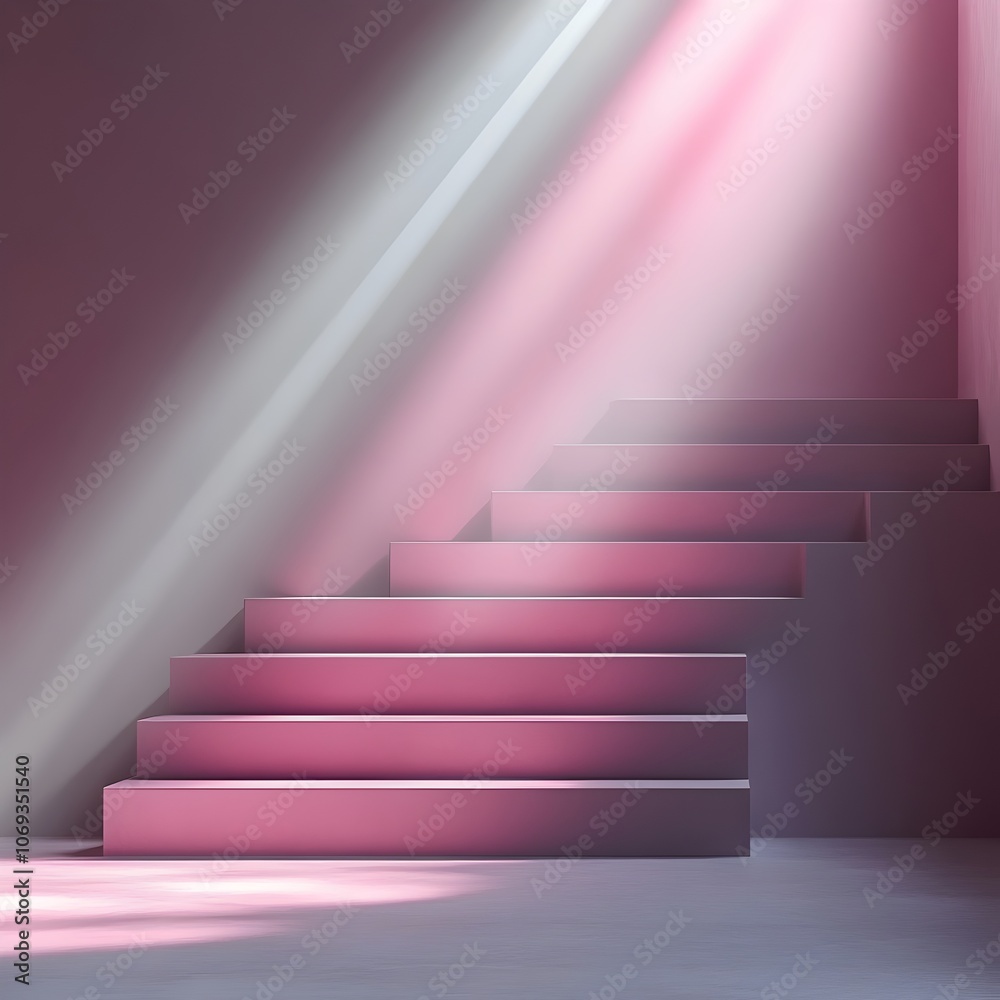A serene view of pink-hued stairs illuminated by soft, ethereal light, creating a calming atmosphere that invites contemplation and reflection. A serene view of pink-hued stairs illuminated by soft, ethereal light, creating a calming atmosphere that invites contemplation and reflection.