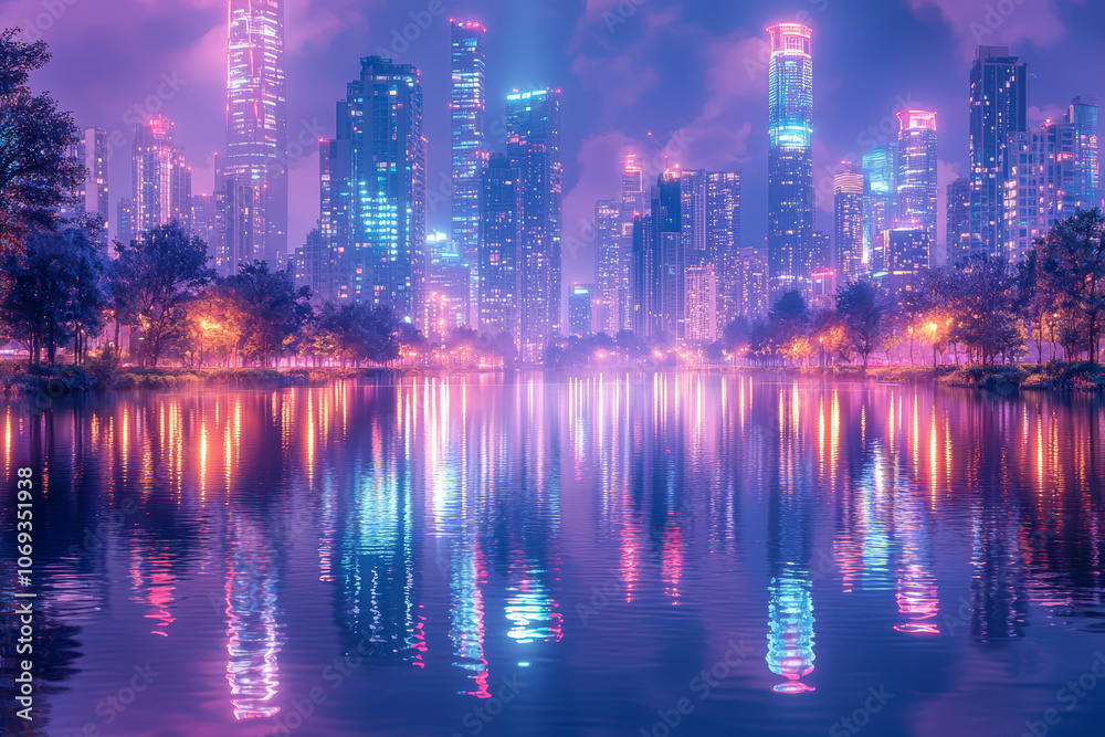 Skylines reflected on rivers or lakes at night show the beauty of city landscapes. Concept of city reflection. Skylines reflected on rivers or lakes at night show the beauty of city landscapes. Concept of city reflection.